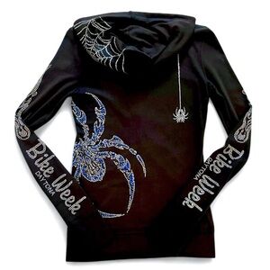 Rhinestone Biker Black Zip-Up Jersey Hoodie Spider Flames Daytona Beach medium